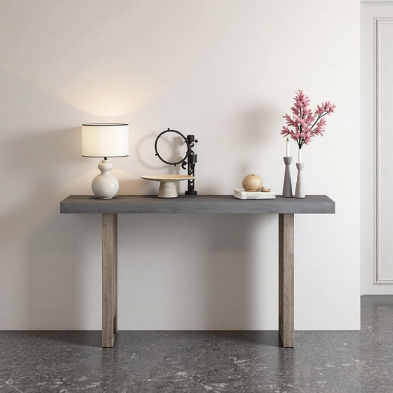 Distinctive Shape Oak Veneer Hall Table - 59 Inch Entryway Console, Modern Foyer & Living Room Accent, Gray