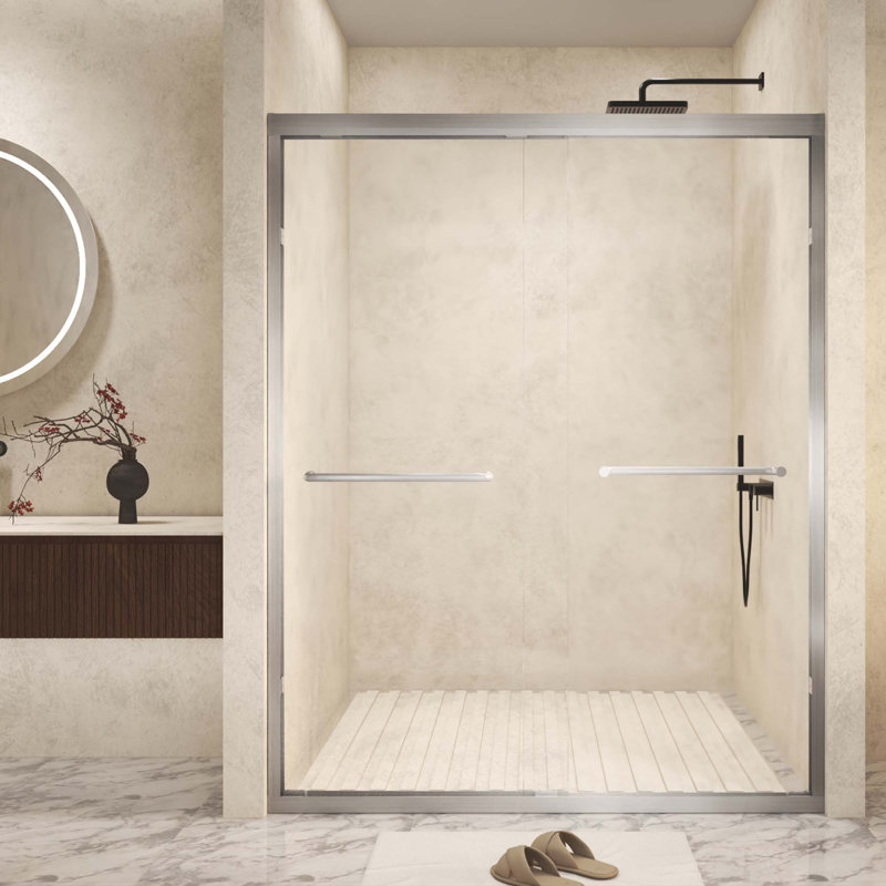 Tempered Glass With Explosion Proof Film,Aluminum Frame Double Sliding Shower Door,Stainless Steel Handle, Chrome