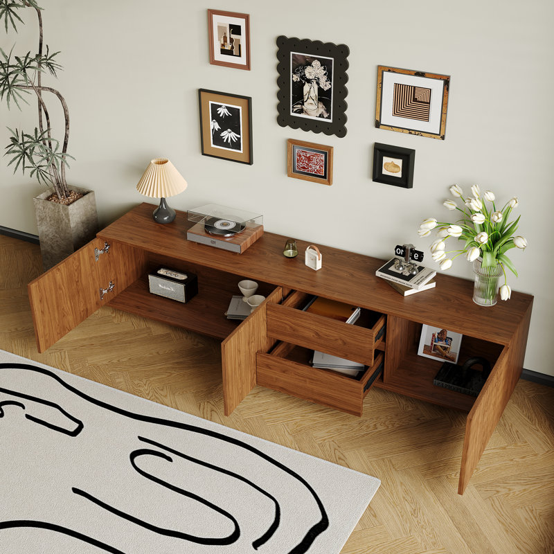 78.74" Mid Century Brown Wood TV Stands, 2 Drawers and Cabinets, Modern Media Console with Cable Management