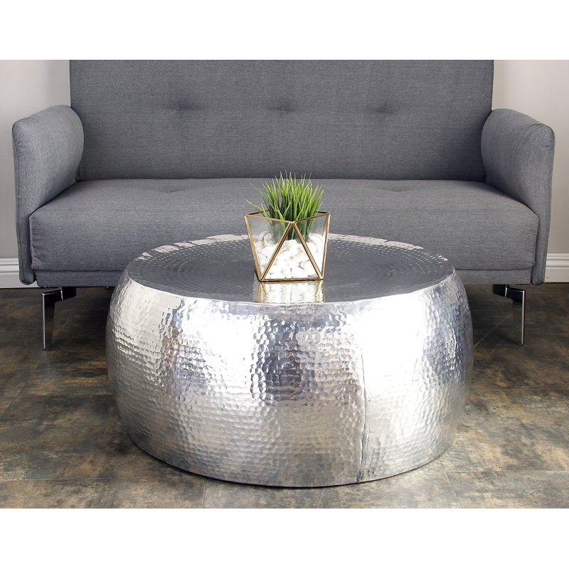 Beardall Silver Aluminum Metal Drum Shaped Living Room Coffee Table with Hammered Design, 14'' H x 30'' W x 30'' D