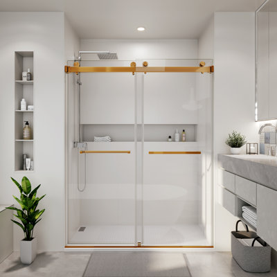 72 In. W X 76 In. H Frameless Double Sliding Shower Door With 3/8 In. Tempered Clear Glass In Brushed Gold
