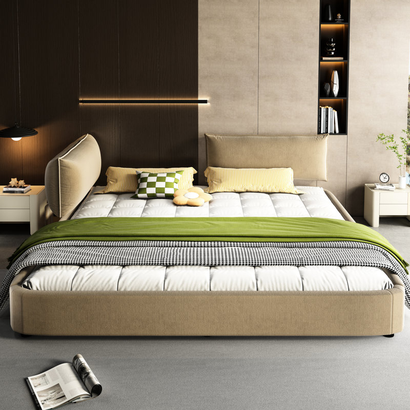King Size Bed With Cloud - Like Experience, Oversized Padded Movable Headboard, Chenille Upholstered, Metal And Pine Wood Slat Double Support, No Box Spring, Camel, Support For Mattress Longevity