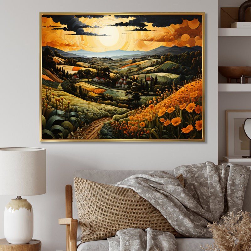 Bhavan " Farm Harvest Symphony Pastoral II ", 24" H x 32" W x 1" D, Gold Floater Framed