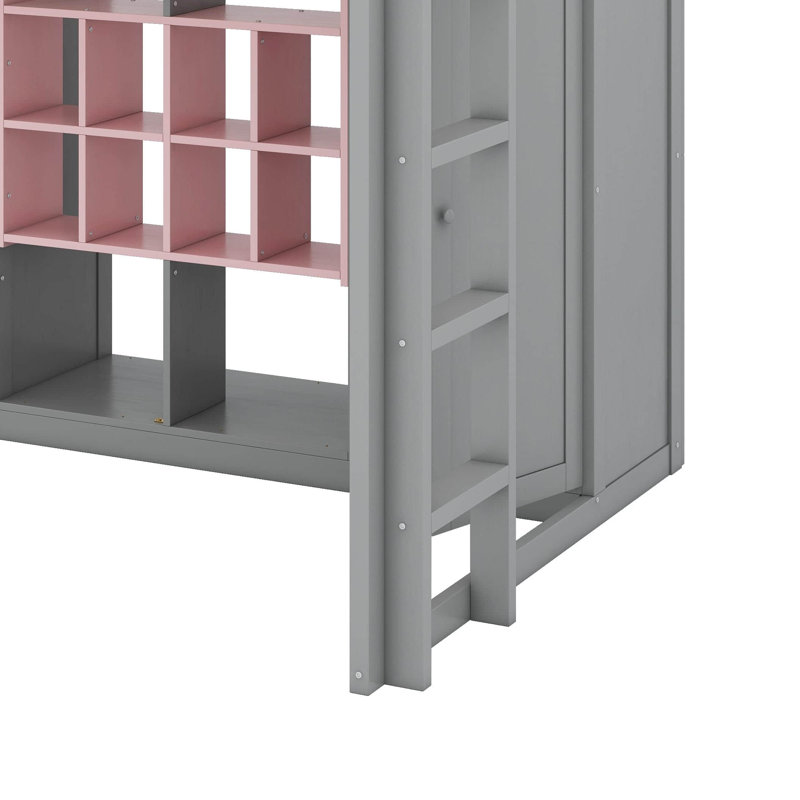Lit mezzanine en bois pleine grandeur avec garde-robe, tablettes et armoire, Gris / Rose