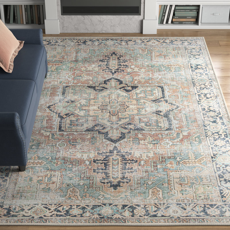 Hodnett Oriental Blue/Ivory Machine Washable Area Rug, Rectangle 7'6" x 9'6"