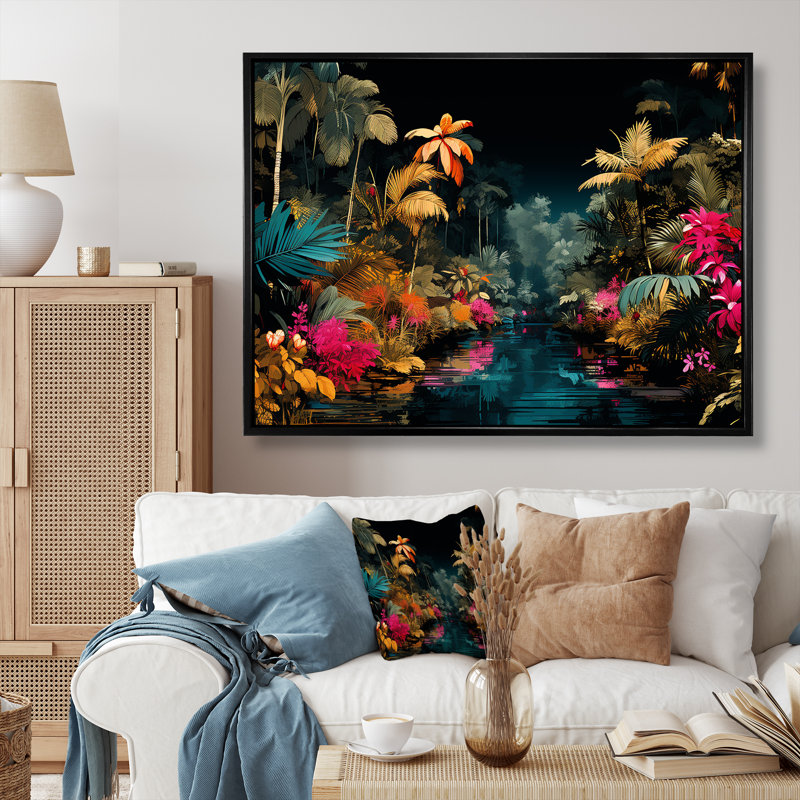 Fleurs roses et bleues de la jungle tropicale - Art mural jungle, Cadre flottant noir, H 16 po x l 32 po x P 1 po
