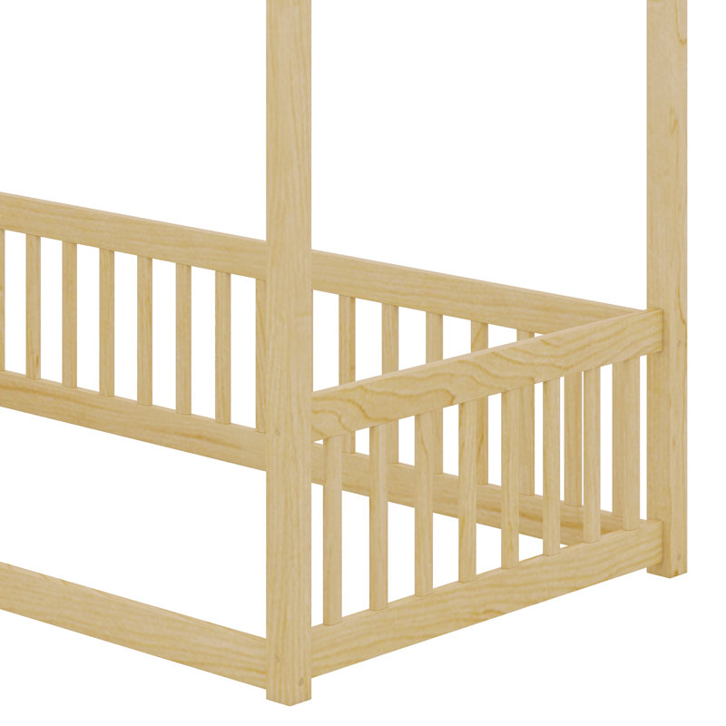 Structure de lit à baldaquin avec 4 affiches et garde-corps, Naturel