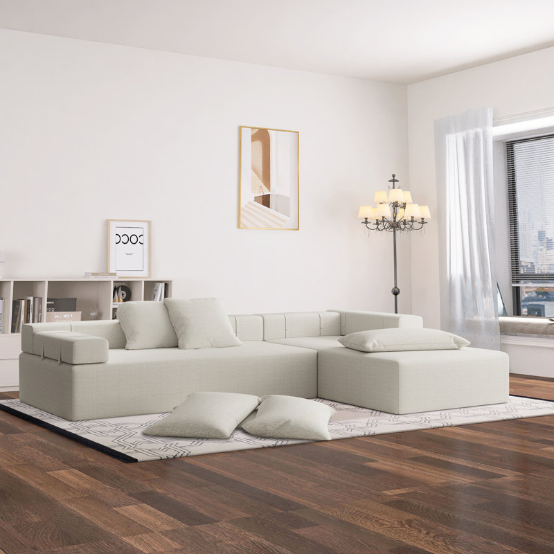 Canapé modulaire en L 2 pièces Ultan, Chenille beige, Accoudoir à droite (vu de face)