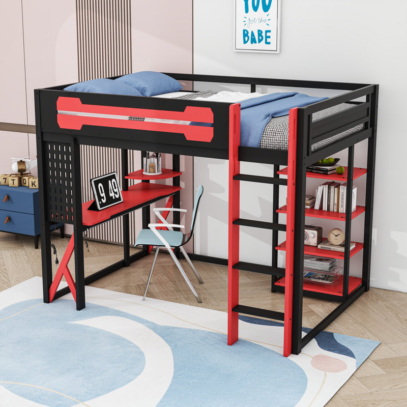 Full Size Wooden Loft Bed with Integrated Desk, RGB Lighting and Storage Shelves, Black/Red