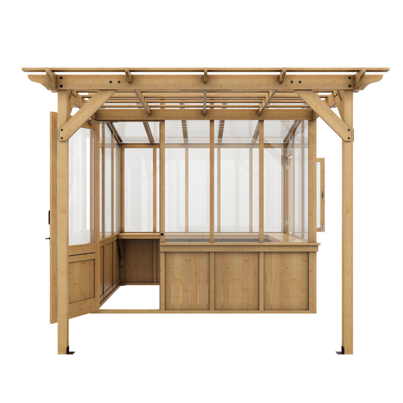 Serre en bois de cèdre avec pergola (2,4 m H x 2,4 m L x 1,8 m P) – Oasis de jardin quatre saisons avec espace de vie extérieur ombragé