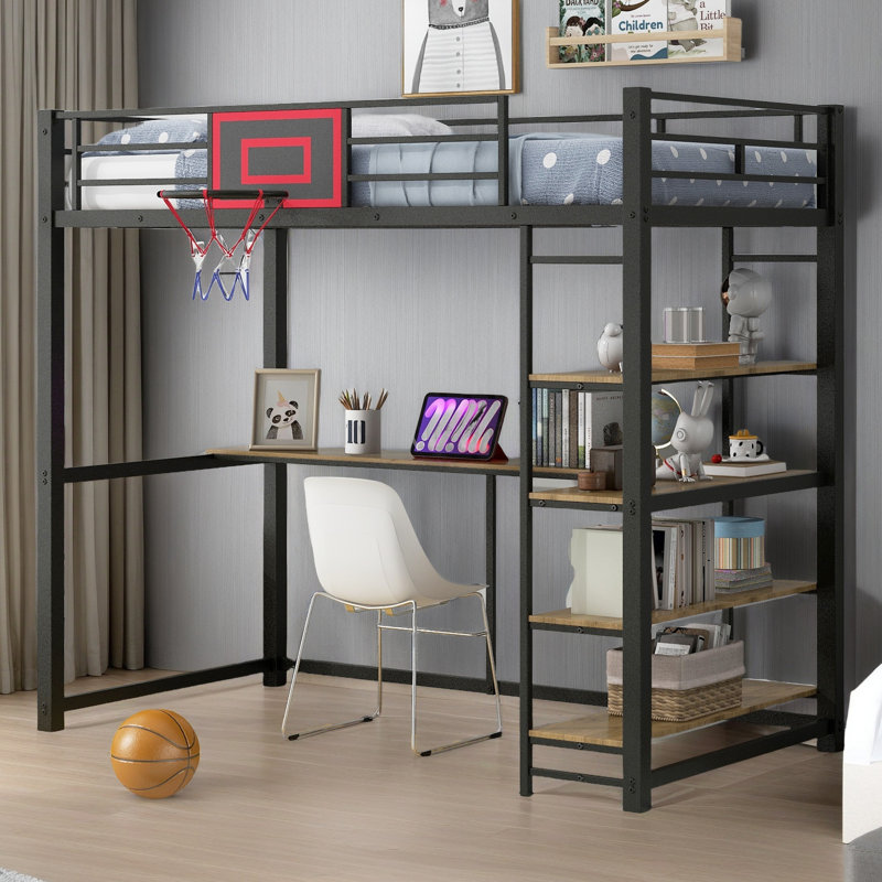 Lit mezzanine simple en métal avec tablettes, bureau et panier de basketball, noir
