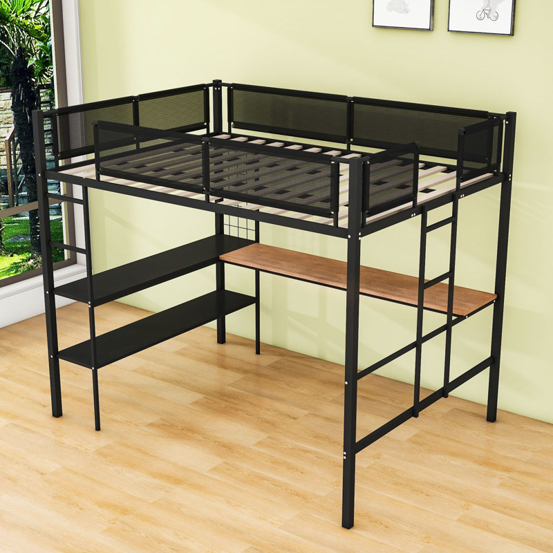 Metal Full Loft Bed With Built-In Desk And Shelves And Ladder