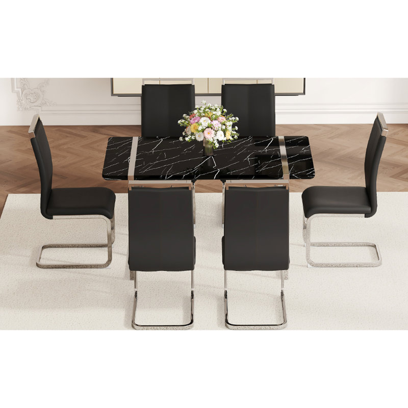 Ensemble de table de salle à manger et 6 chaises avec composants en métal massif, Noir argenté