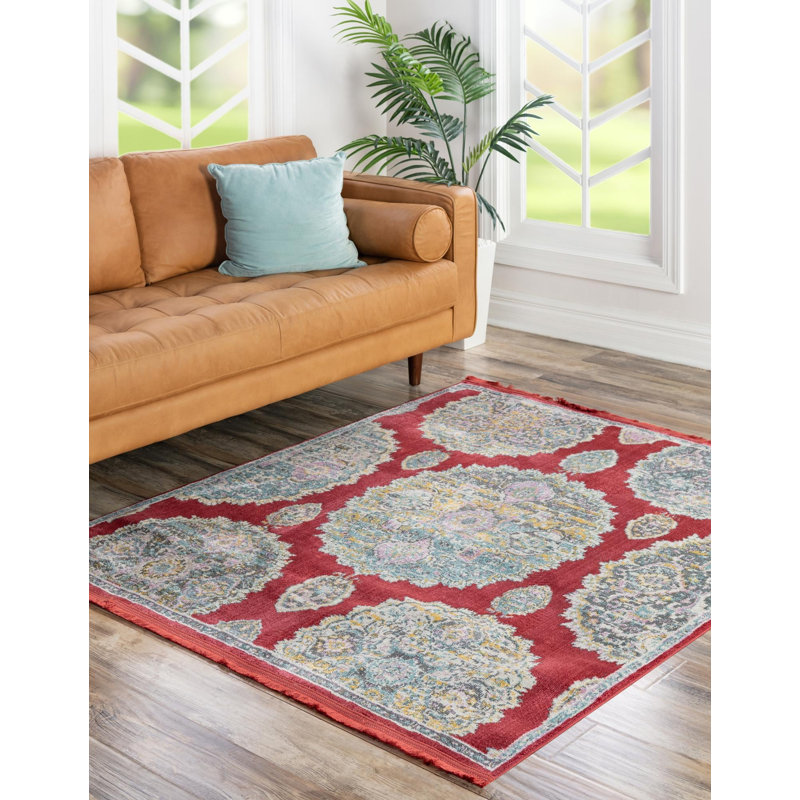 Tapis oriental en polypropylène tissé à la machine en rouge / gris / bleu, Carré 8 pi 2 po