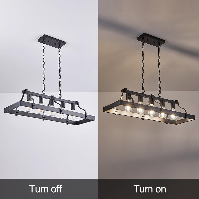 Rustic Farmhouse Chandelier With Wood And Metal Design, 5-Light Linear Ceiling Fixture For Dining Room And Kitchen Island