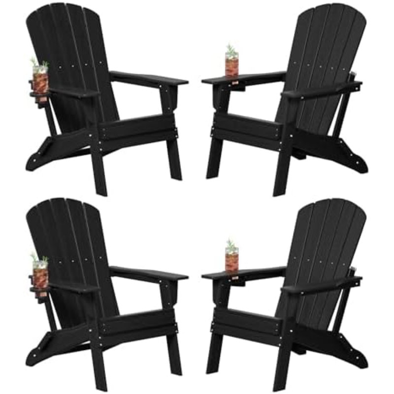 Folding Adirondack Chair Set Of 4, Cup Holder，Wooden Textured ，Heavy All-Weather HDPE Comfortable Set Poolside Backyard Lawn Black