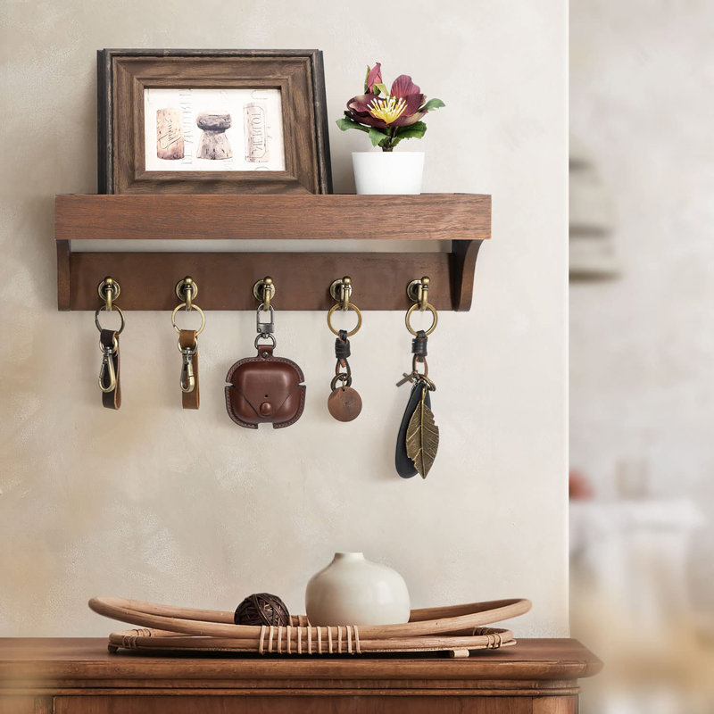 Solid Wood Wall Organizer with Key Hooks, Retro Brown