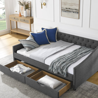 Lit de jour double avec tiroirs, canapé-lit capitonné, avec bouton sur le dos et clou en cuivre sur les accoudoirs ondulés (80,5 po x 55,5 po x 27,5 po)
