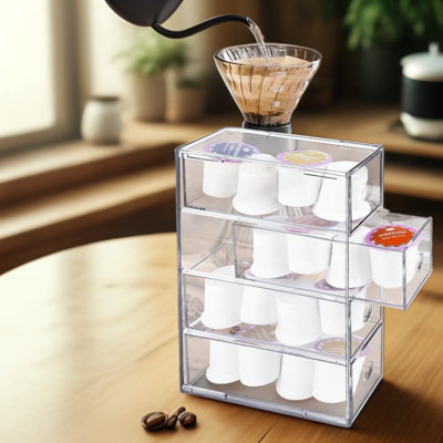 Clear Acrylic Coffee Pod Holder Organizer With 4 Drawers, Stackable K Cup Storage For Keurig K-Cups, Nespresso Vertuo And Espresso Capsules, Space-Saving Countertop Coffee Bar Station