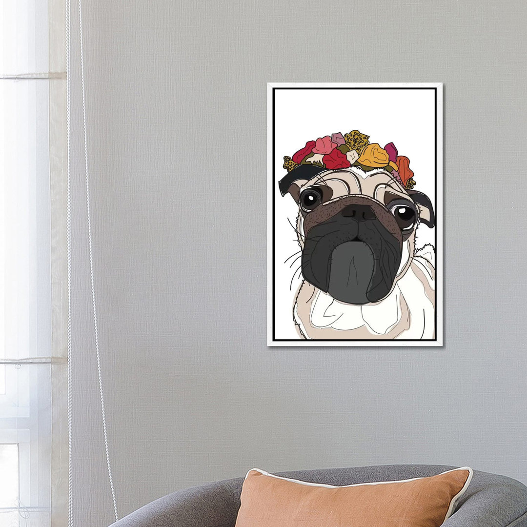 Mops mit Blumen von Sketch And Paws - Galerie-verpackte Leinwand Giclée auf Leinwand