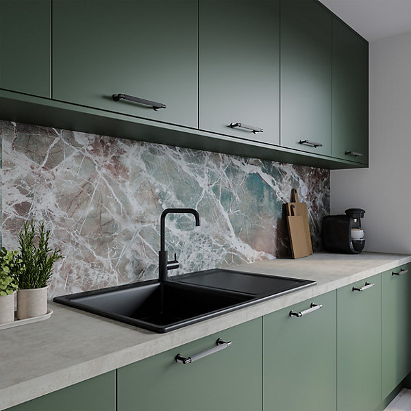 White Marble Aluminium  Kitchen Splashback, 305 cm x 75 cm , Grey/Blue
