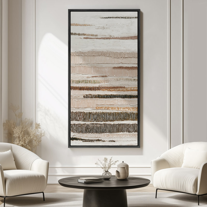 Neutral Horizontal Stripes in Beige and Brown - Large Framed Canvas Master Bedroom Wall Art Print, 60" H x 30" W x 1.5" D