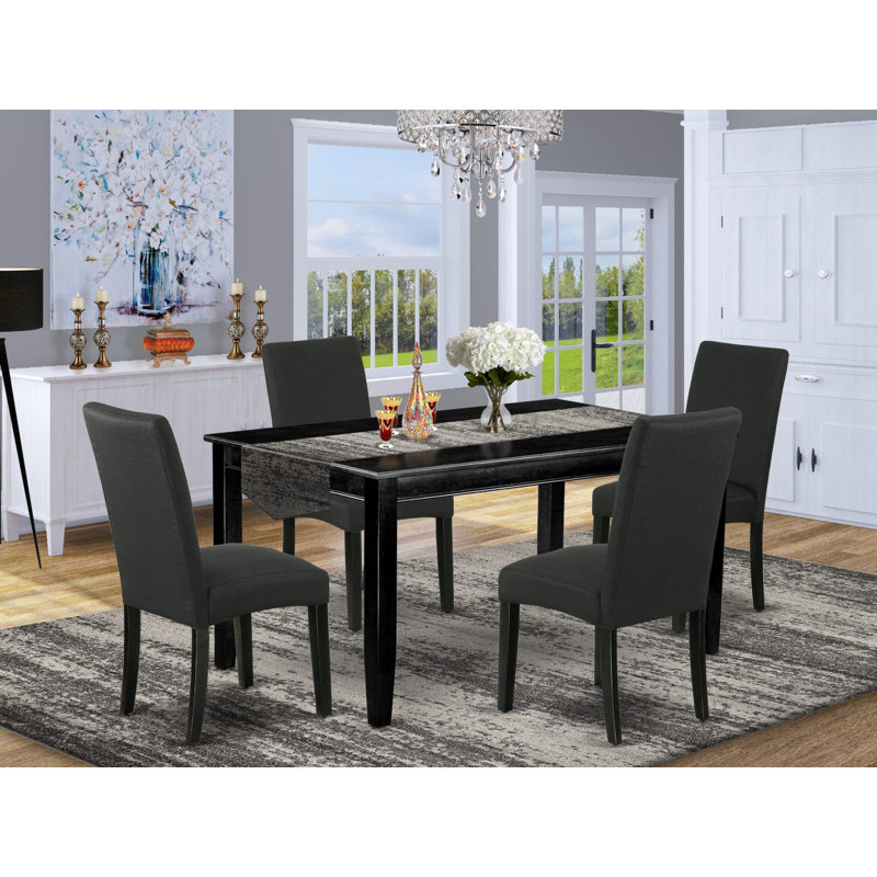 Table de salle à manger rectangulaire 5 pièces 60 pouces 5 pièces et quatre chaises Parson avec pieds à finition noire et tissu en lin - couleur noire