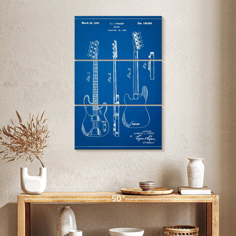 Affiche brevetée Blueprint Fender Precision Bass Guitare, H 57 po x l 36 po