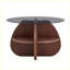 Table basse à structure en croix avec plateau en verre trempé gris et rangement en forme de ventilateur en noyer pour le salon, petits espaces