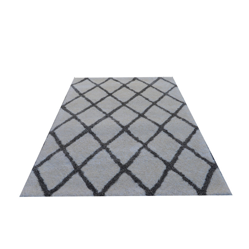 Tapis décoratif à poils longs fabriqué à la main à motif géométrique de couleur crème/gris, Rectangle 7 pi 9 po x 9 pi 9 po