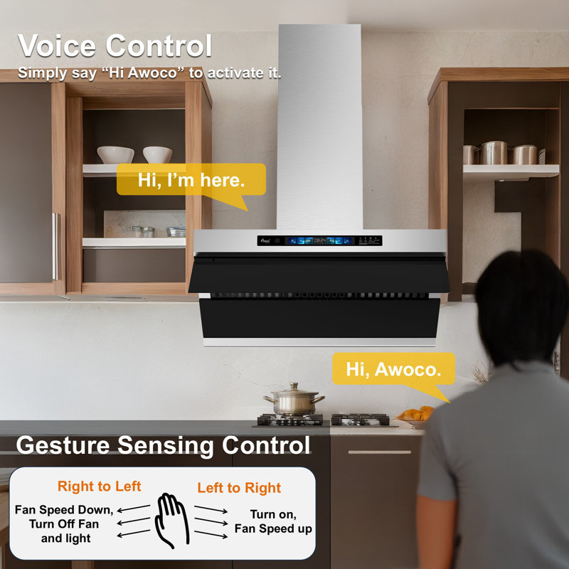 Awoco 36" 800 CFM Ducted Wall Mount Range Hood In Stainless Steel With Voice/Gesture/Touch Control