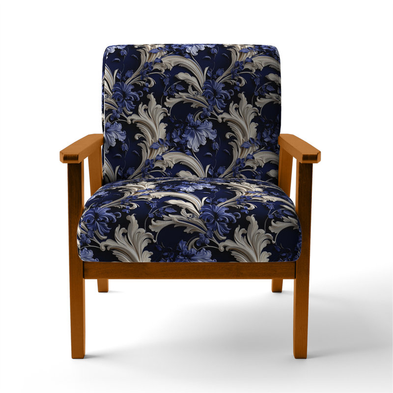 Cobalt Blue Baroque Scrolls Victorian Pattern - Upholstered Cottage Arm Chair, Brown Square Arms
