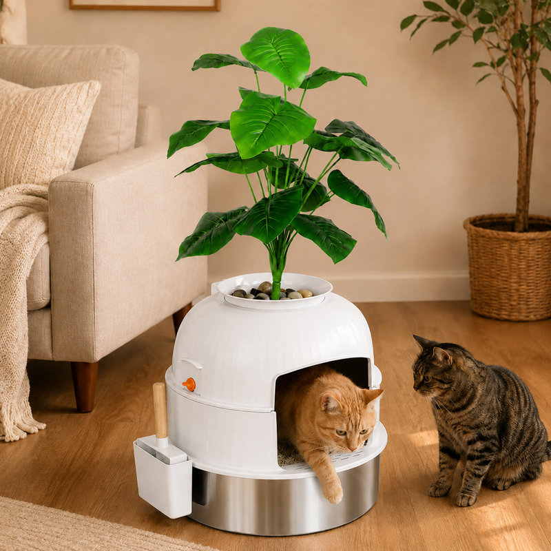 Litière cachée en acier inoxydable pour chat avec décorations artificielles pour petits et moyens chats, blanc, Blanc