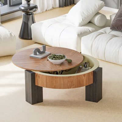 Table basse ronde de 33 po avec rangement dissimulé, plateau de table moderne en placage de bois Wabi-Sabi, table d'appoint centrale robuste à 3 pieds pour le salon, petit espace, bois naturel et noir