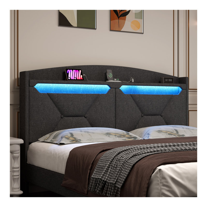 Tête de lit avec rangement, taille Queen et lumières DEL à DEL
