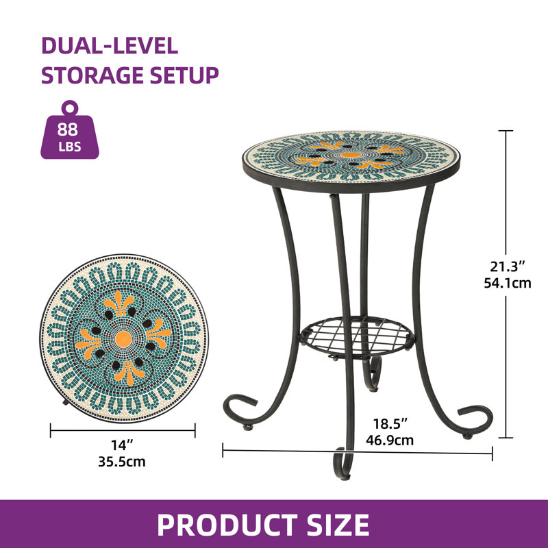 22" H Masaic Tile Outdoor Side Table, Bistro Table, Planter Stand, Weather-Resistant Iron Drink Table, Retro Green Floral