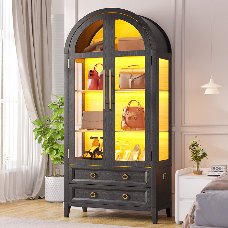 Freestanding Arch Display Cabinet with 3-Color Light Modes and Motion Sensor, Wood/Black