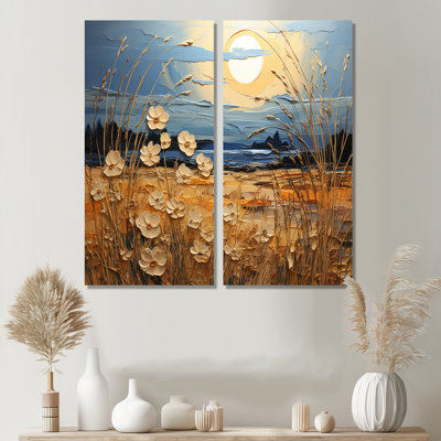 «Yellow Blue Prairies Whispers Patchwork I», impressions d'art traditionnel bleu sur toile