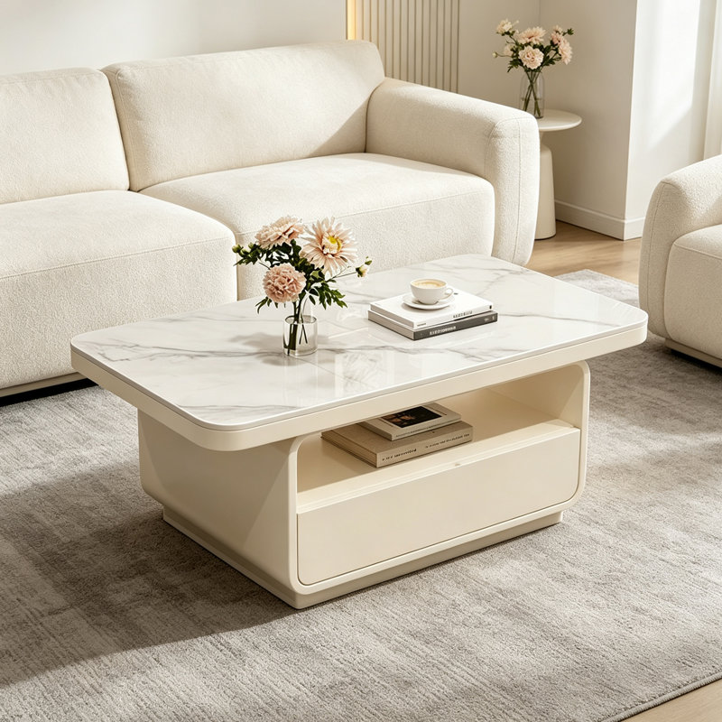 Table basse créative légère et luxueuse avec rangements multiples, H 17,71 po x l 47,24 po x P 23,62 po, Gris / crème