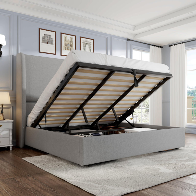 Upholstered Lift-Up Storage Bed with Wingback Headboard, King, Light Gray
