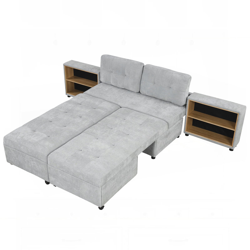 121,2 po. Canapé-lit modulaire polyvalent de style contemporain avec deux tablettes de rangement, Gris