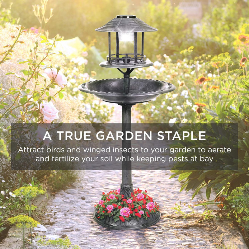 Stone Solar-Powered Bird Bath with Planter Base and Lamp