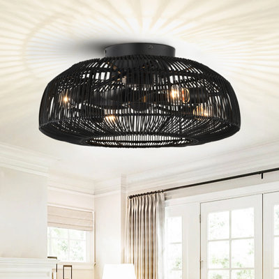 19.6 "Farmhouse Remote Reversible Painted Gold/Black Rattan Cage/Bowl Recessed Mounted Ceiling Fan with Living Room/Bedroom Lighting Kit