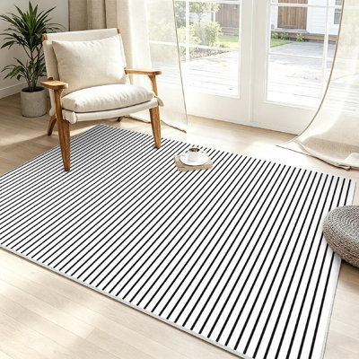 White Black Stripes Striped Monochrome Abstract Straight Lines Machine Washable Indoor Area Rug