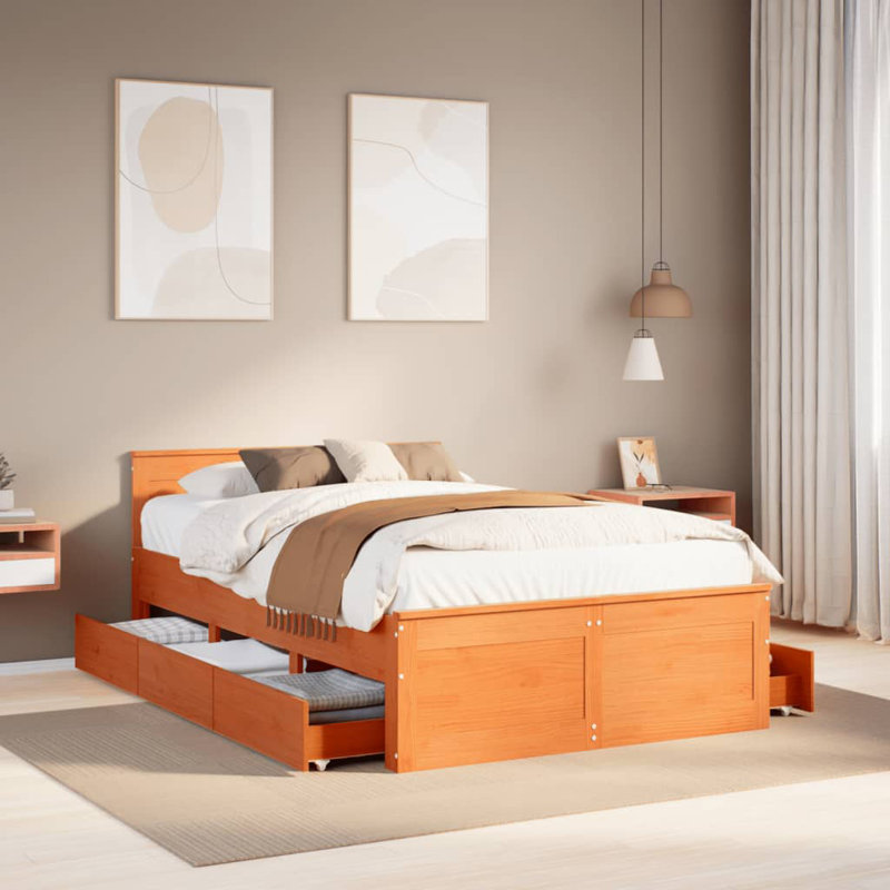 ClassicLiving Bed Frame Without Mattress With Headboard Solid Wood Pine, Small Double (4'), Wax Brown