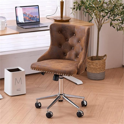 Fauteuil de bureau rustique en microfibre sans accoudoirs VINGLI avec base / roulettes dorées, petite chaise de coiffeuse / maquillage mignonne avec dossier pour la chambre à coucher, fauteuil à clous pivotant et pivotant rembourré pour femmes / filles