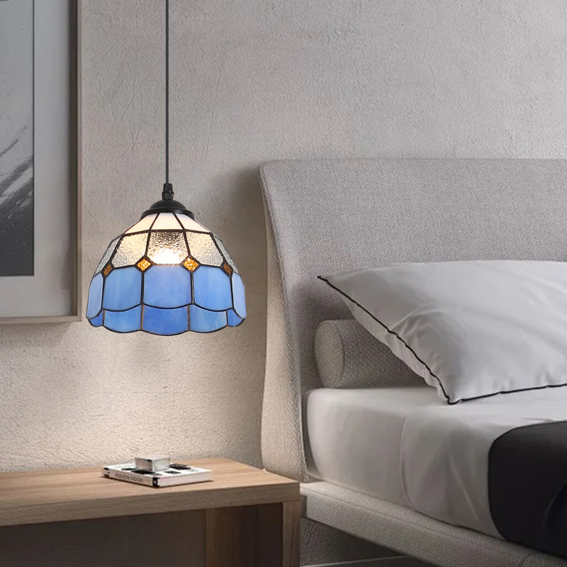 Barclay Modern Vintage Tiffany Blue Glass Style Hanging Pendant Lighting, Adjustable Plug In Chandelier  For Living Room