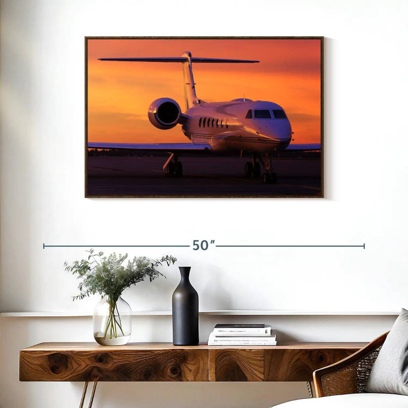 Avion d'affaires stationné, 37 po x 25 po, Cadre flottant noyer