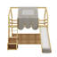 Lit mezzanine en bois avec structure en forme de maison et auvent de tente-2063129196-2063129197