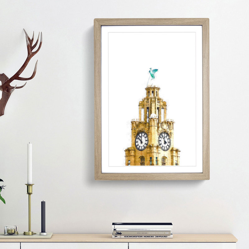 The Liver Building Liverpool - Picture Frame Painting Print on MDF, 63cm H x 45cm W x 2cm D, Oak Framed